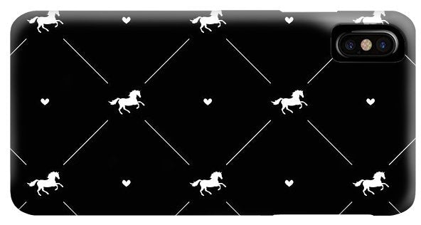 Vector seamless pattern of white horse silhouette with heart isolated on black - Phone Case