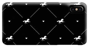 Vector seamless pattern of white horse silhouette with heart isolated on black - Phone Case