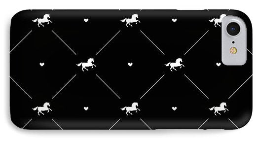 Vector seamless pattern of white horse silhouette with heart isolated on black - Phone Case