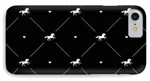 Vector seamless pattern of white horse silhouette with heart isolated on black - Phone Case
