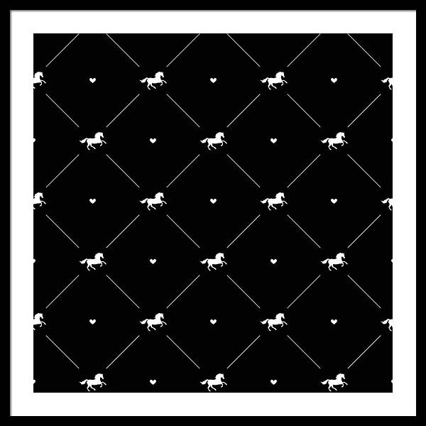 Vector seamless pattern of white horse silhouette with heart isolated on black - Framed Print