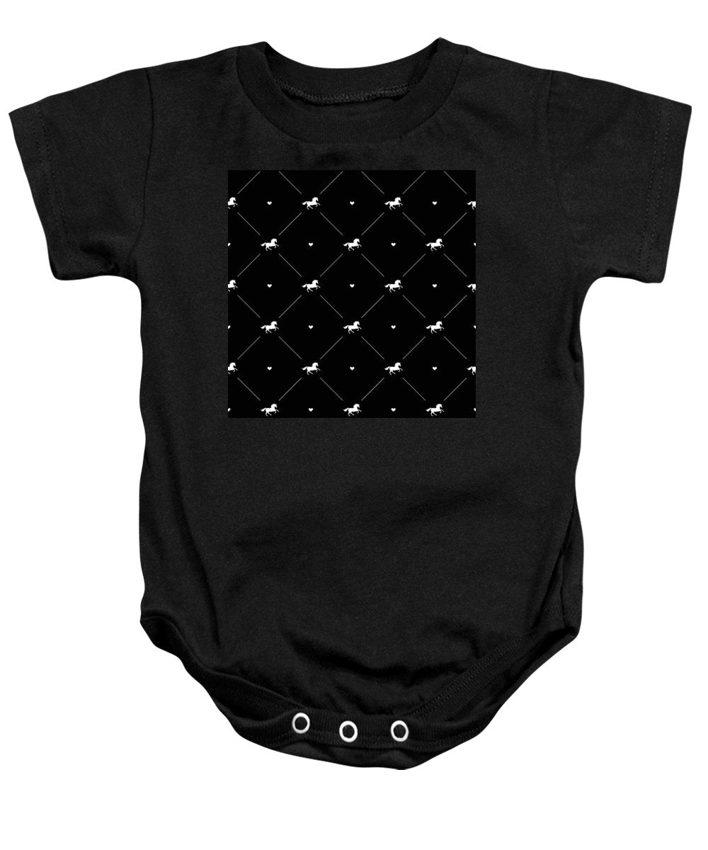 Vector seamless pattern of white horse silhouette with heart isolated on black - Baby Onesie