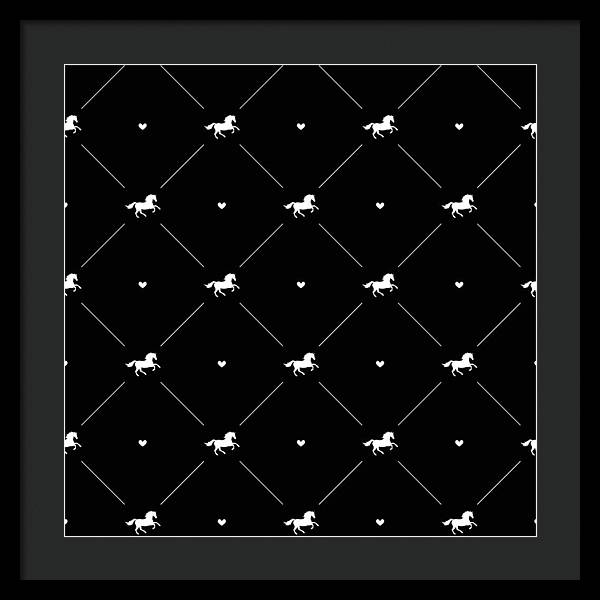 Vector seamless pattern of white horse silhouette with heart isolated on black - Framed Print