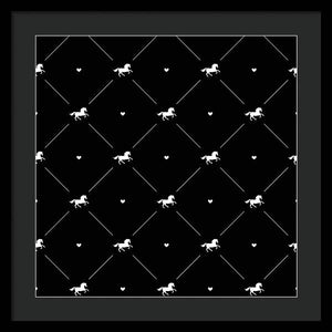 Vector seamless pattern of white horse silhouette with heart isolated on black - Framed Print