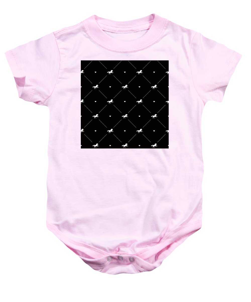 Vector seamless pattern of white horse silhouette with heart isolated on black - Baby Onesie