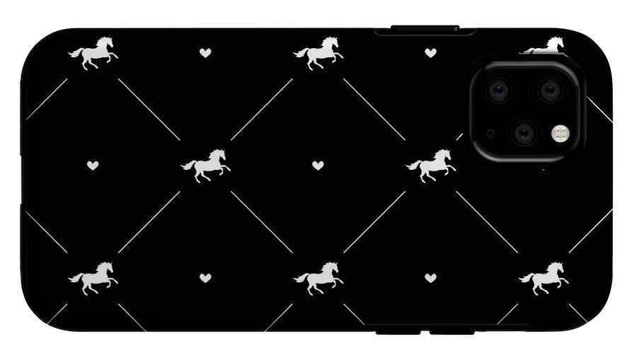 Vector seamless pattern of white horse silhouette with heart isolated on black - Phone Case