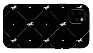 Vector seamless pattern of white horse silhouette with heart isolated on black - Phone Case
