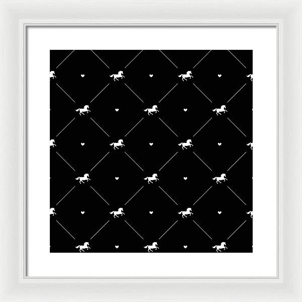 Vector seamless pattern of white horse silhouette with heart isolated on black - Framed Print