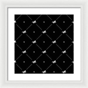 Vector seamless pattern of white horse silhouette with heart isolated on black - Framed Print
