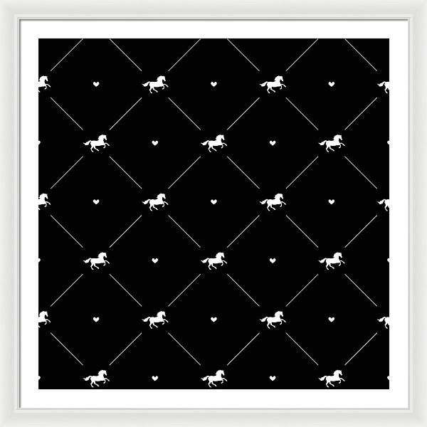 Vector seamless pattern of white horse silhouette with heart isolated on black - Framed Print