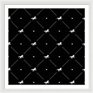 Vector seamless pattern of white horse silhouette with heart isolated on black - Framed Print