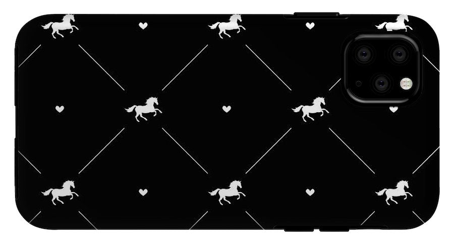 Vector seamless pattern of white horse silhouette with heart isolated on black - Phone Case