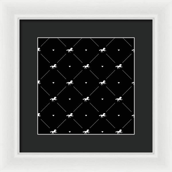 Vector seamless pattern of white horse silhouette with heart isolated on black - Framed Print