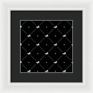 Vector seamless pattern of white horse silhouette with heart isolated on black - Framed Print