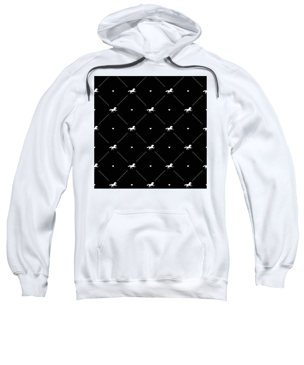 Vector seamless pattern of white horse silhouette with heart isolated on black - Sweatshirt