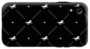 Vector seamless pattern of white horse silhouette with heart isolated on black - Phone Case