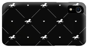 Vector seamless pattern of white horse silhouette with heart isolated on black - Phone Case
