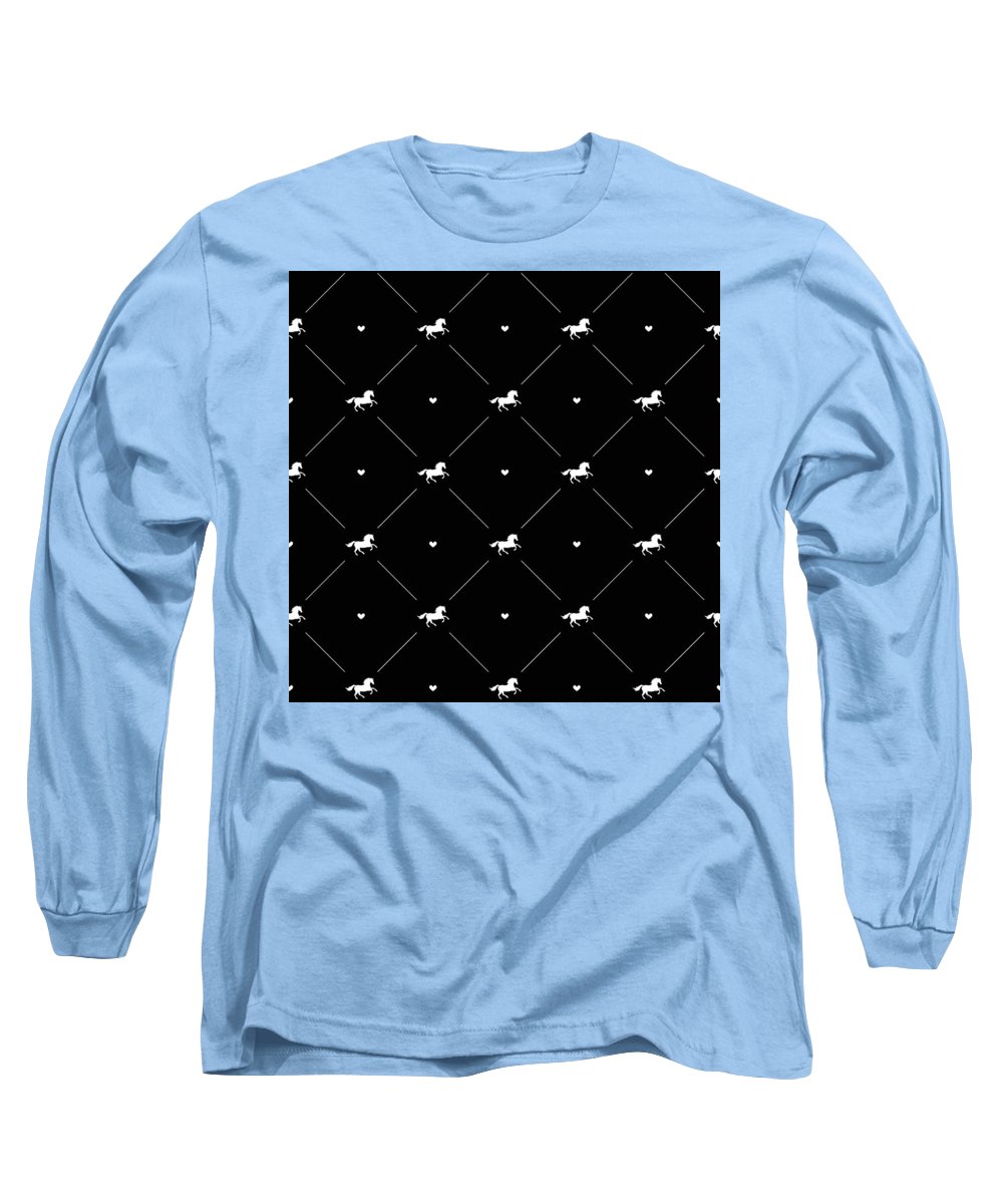 Vector seamless pattern of white horse silhouette with heart isolated on black - Long Sleeve T-Shirt