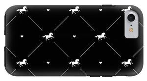 Vector seamless pattern of white horse silhouette with heart isolated on black - Phone Case
