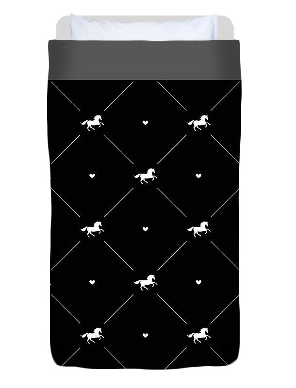 Vector seamless pattern of white horse silhouette with heart isolated on black - Duvet Cover