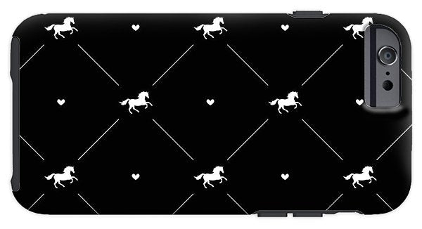 Vector seamless pattern of white horse silhouette with heart isolated on black - Phone Case