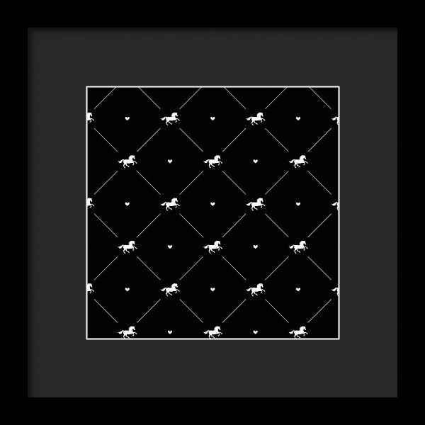 Vector seamless pattern of white horse silhouette with heart isolated on black - Framed Print