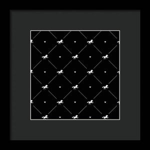 Vector seamless pattern of white horse silhouette with heart isolated on black - Framed Print