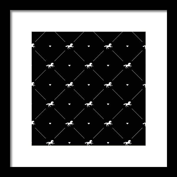 Vector seamless pattern of white horse silhouette with heart isolated on black - Framed Print