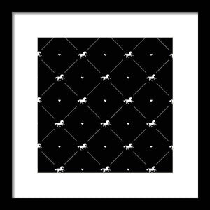 Vector seamless pattern of white horse silhouette with heart isolated on black - Framed Print