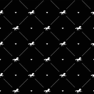 Vector seamless pattern of white horse silhouette with heart isolated on black - Art Print