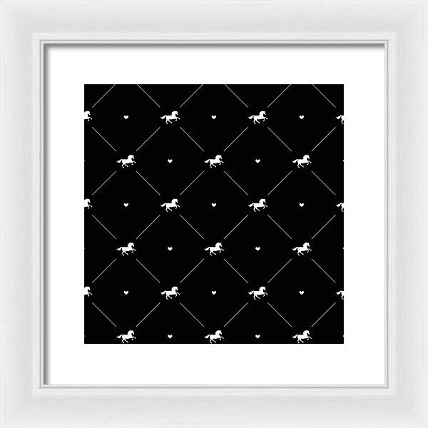 Vector seamless pattern of white horse silhouette with heart isolated on black - Framed Print