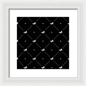 Vector seamless pattern of white horse silhouette with heart isolated on black - Framed Print