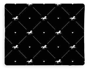 Vector seamless pattern of white horse silhouette with heart isolated on black - Blanket