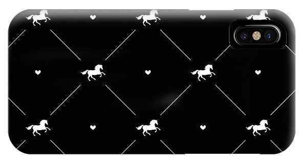 Vector seamless pattern of white horse silhouette with heart isolated on black - Phone Case