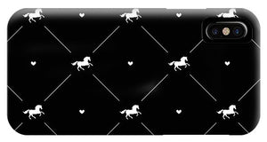 Vector seamless pattern of white horse silhouette with heart isolated on black - Phone Case