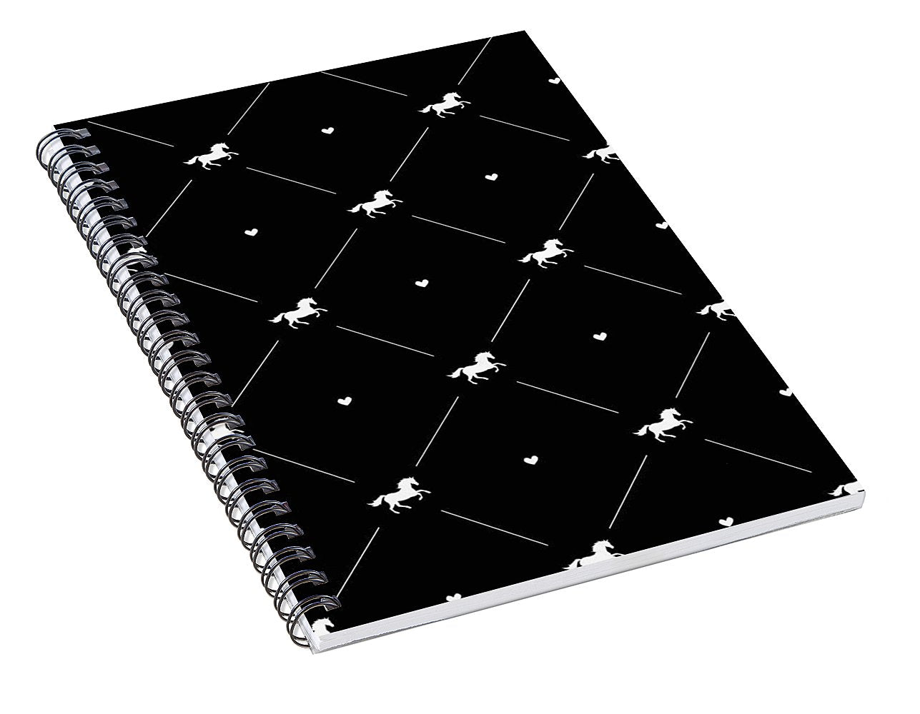 Vector seamless pattern of white horse silhouette with heart isolated on black - Spiral Notebook