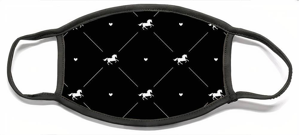 Vector seamless pattern of white horse silhouette with heart isolated on black - Face Mask