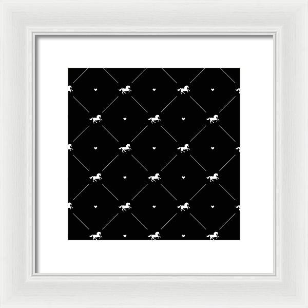 Vector seamless pattern of white horse silhouette with heart isolated on black - Framed Print