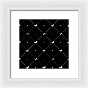 Vector seamless pattern of white horse silhouette with heart isolated on black - Framed Print