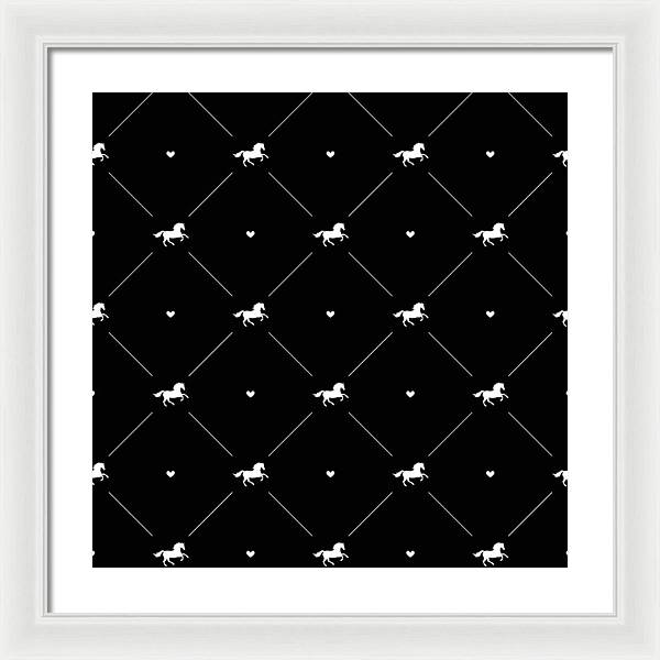 Vector seamless pattern of white horse silhouette with heart isolated on black - Framed Print