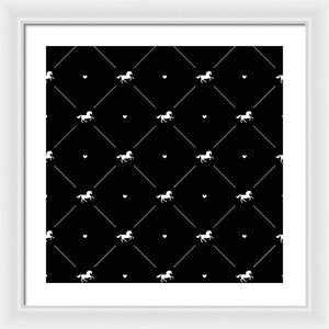 Vector seamless pattern of white horse silhouette with heart isolated on black - Framed Print