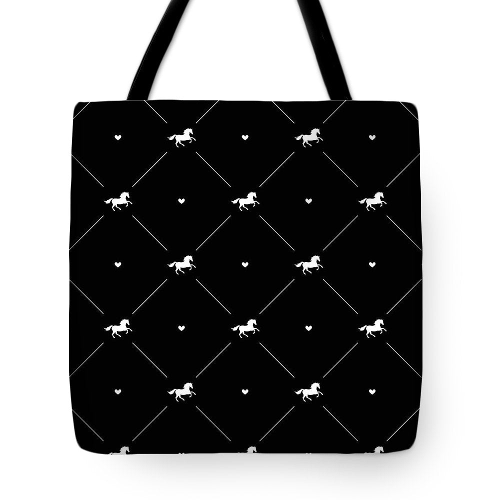 Vector seamless pattern of white horse silhouette with heart isolated on black - Tote Bag