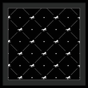 Vector seamless pattern of white horse silhouette with heart isolated on black - Framed Print