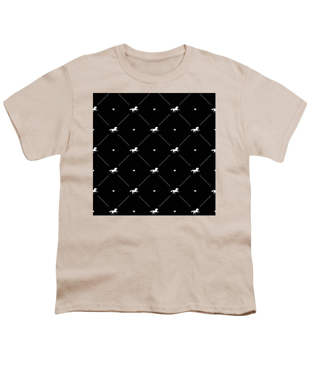 Vector seamless pattern of white horse silhouette with heart isolated on black - Youth T-Shirt