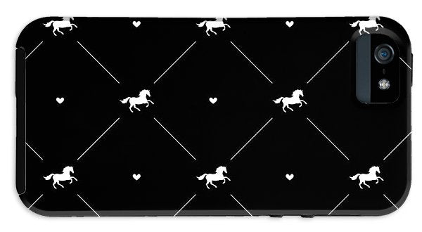 Vector seamless pattern of white horse silhouette with heart isolated on black - Phone Case