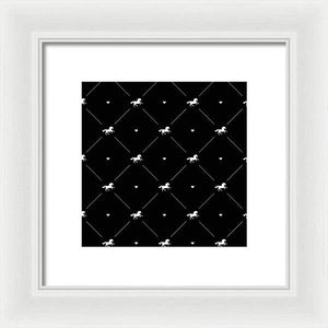 Vector seamless pattern of white horse silhouette with heart isolated on black - Framed Print