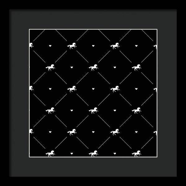Vector seamless pattern of white horse silhouette with heart isolated on black - Framed Print