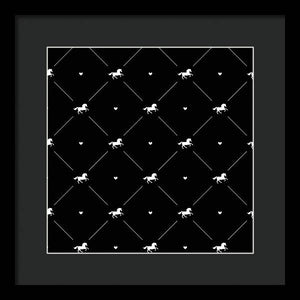 Vector seamless pattern of white horse silhouette with heart isolated on black - Framed Print