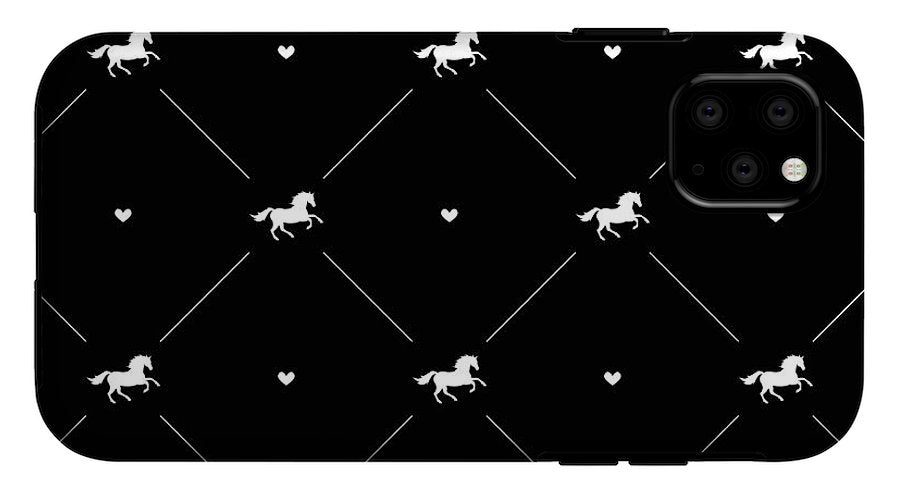 Vector seamless pattern of white horse silhouette with heart isolated on black - Phone Case