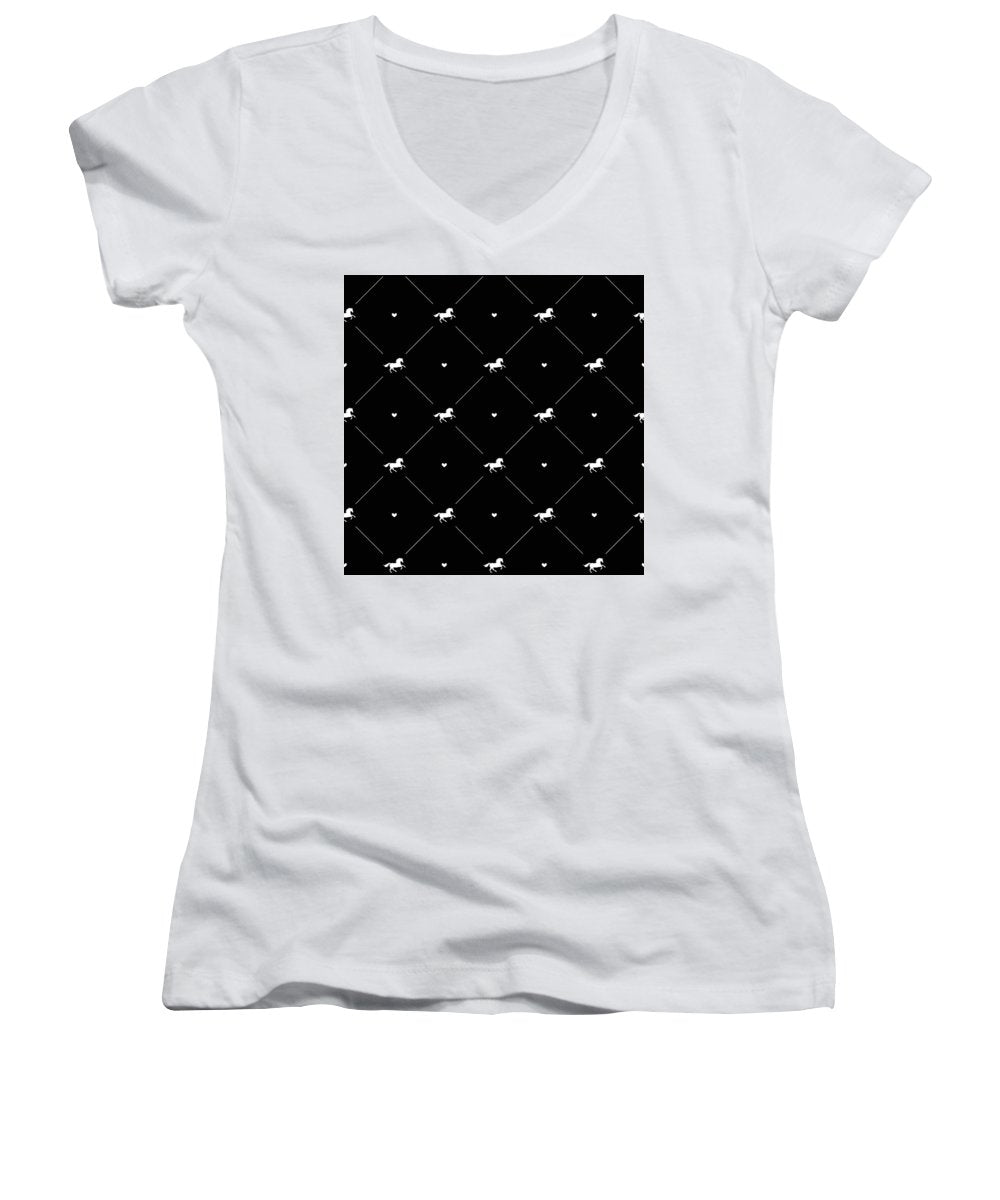Vector seamless pattern of white horse silhouette with heart isolated on black - Women's V-Neck